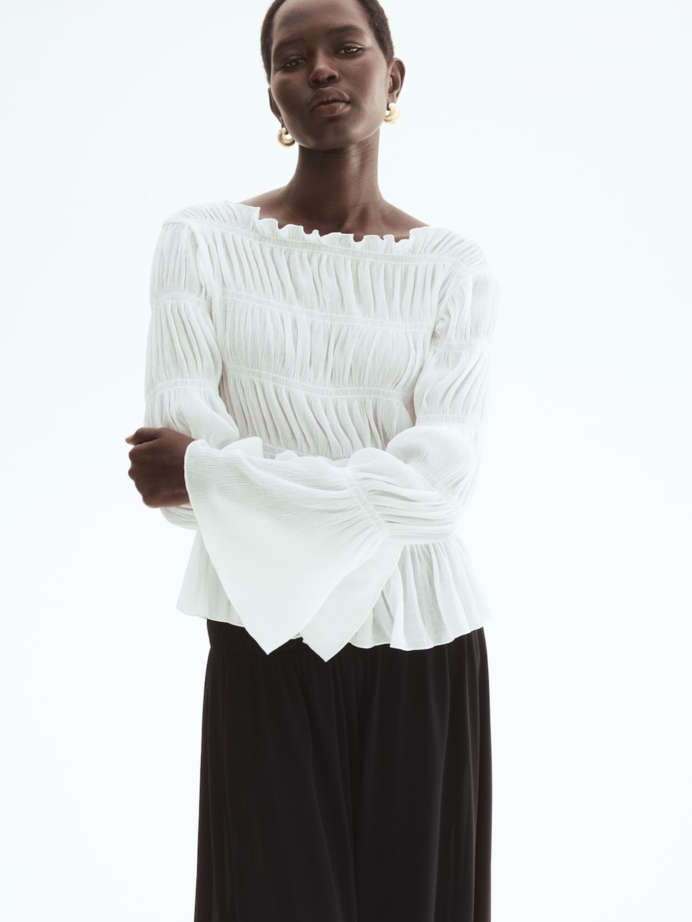 H&M Women’s White Smocked Boat-neck Top